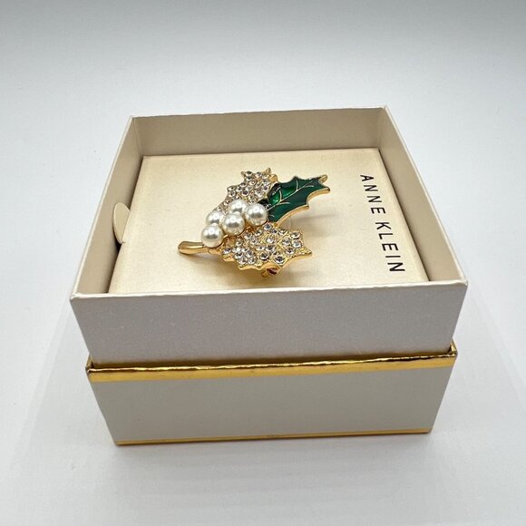 Anne Klein Pavé & Imitation Pearl Holly Branch Pin in Gold-Tone MSRP $28 NWT - Picture 5 of 5